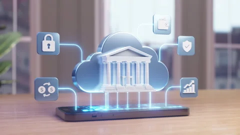 Virtual Banking and Cloud Finance on Smartphone with Digital Transaction Icons Stock Footage 337818459