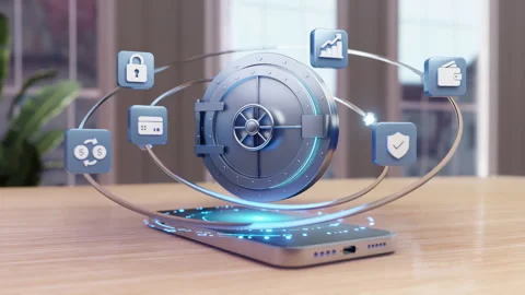 Virtual Banking Security: Smartphone with Digital Finance and Safe Vault Icons Stock Footage 337818458