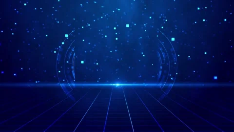 Virtual blue tech stage visual glowing grid floor, particle field, and circular Stock Footage 340526772