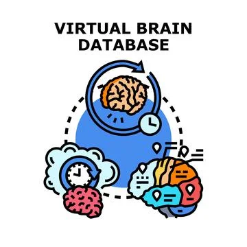 Virtual brain database accessing research and data analytics Stock Illustration