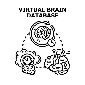 Virtual brain database accessing research and data analytics Stock Illustration