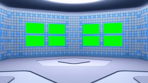 Virtual broadcasting studio with green screen area. Camera movement included Video stock 119418619