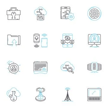 Virtual business linear icons set. Remote, Digital, Online, Telecommute, Cyber Illustrazione stock