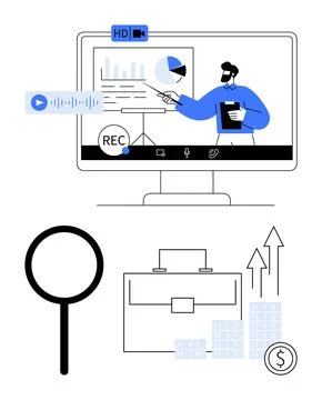 Virtual Business Presentation with Data Analysis and Market Growth Indicators Stock Illustration