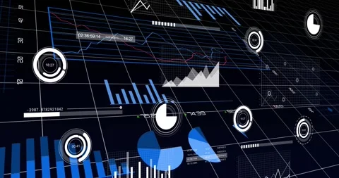 Virtual camera panning across 3D tech dashboard, revealing rotating pies, dials Stock Footage 331160811