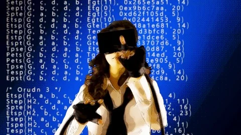 Virtual cartoon girl interactive code blue gradient Stock Footage 75082998