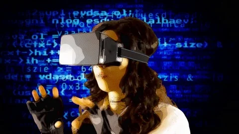 Virtual cartoon girl interactive side chaotic code Stock Footage 75106416