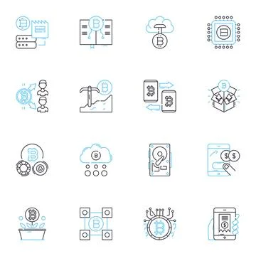 Virtual cash linear icons set. Cryptocurrency, Blockchain, Digital Stock Illustration