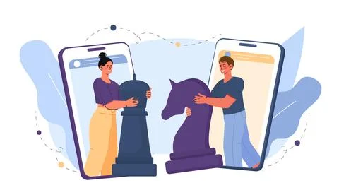 Virtual chess application. Man and woman with chess pieces in hands on phone Stockillustratie