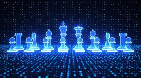 Virtual chess Virtual chess pieces in the data matrix. 3d illustration.  Stock Photos
