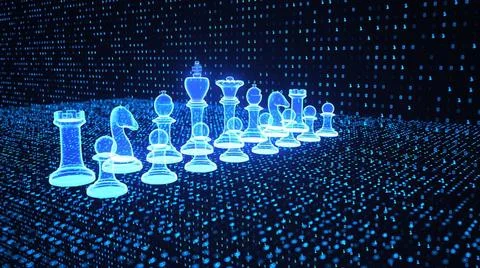 Virtual chess Virtual chess pieces in the data matrix. 3d illustration.  Stock Photos
