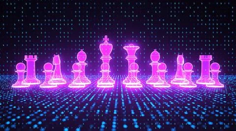 Virtual chess Virtual chess pieces in the data matrix. 3d illustration.  Stock Photos