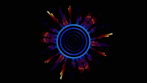 Virtual circular equalizer. Vertical columns of squares in the blue-red laser Stock Footage 139713379