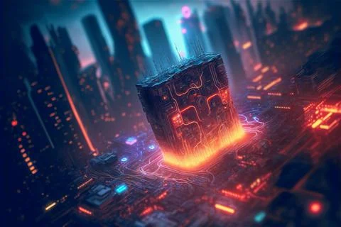 Virtual city in metaverse with big data processor and neon lights. Central Stock Illustration