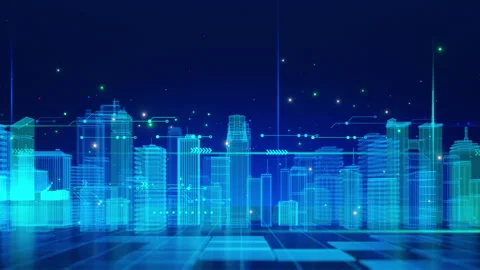 Virtual Cityscape with Digital Grid and Blue Lights Stock Footage 276587615