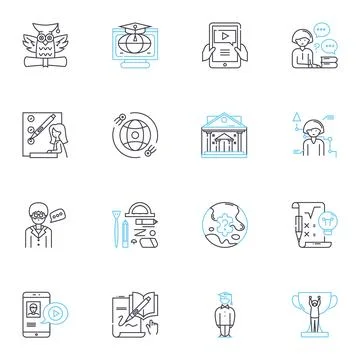 Virtual classes linear icons set. Online, Zoom, Distance, Remote, Webinar, E Stock Illustration