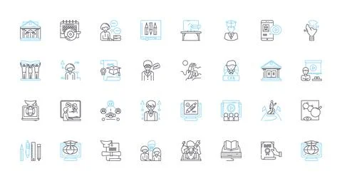 Virtual classes linear icons set. Online, Zoom, Distance, Remote, Webinar, E Stock Illustration