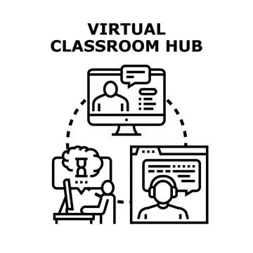 Virtual classroom hub connecting students and teachers online Stock Illustration