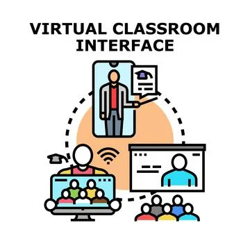 Virtual classroom interface connecting students and teacher online Stock Illustration