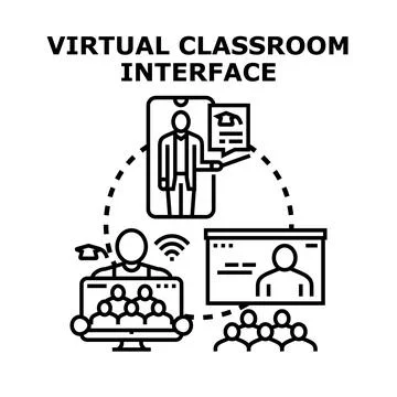Virtual classroom interface connecting students and teacher online 스톡 일러스트