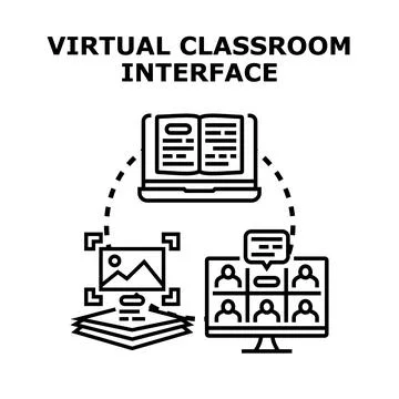 Virtual classroom interface displaying online education and remote learning 库存插图