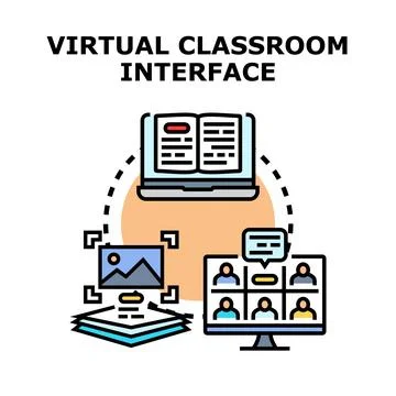 Virtual classroom interface displaying online education and remote learning 库存插图