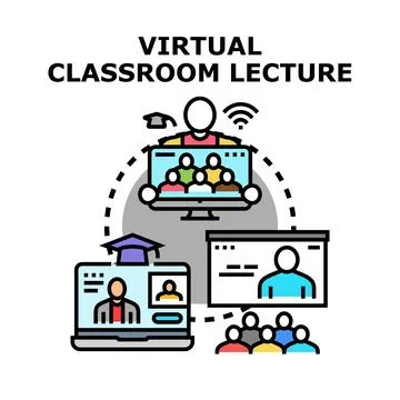 Virtual classroom lecture connecting students and teacher online Illustrazione stock