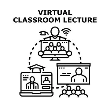 Virtual classroom lecture connecting students and teacher online Illustrazione stock