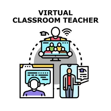 Virtual classroom teacher educating students online distant learning Stock Illustration