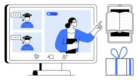 Virtual classroom with teacher pointing, two students with graduation caps on Stock Illustration