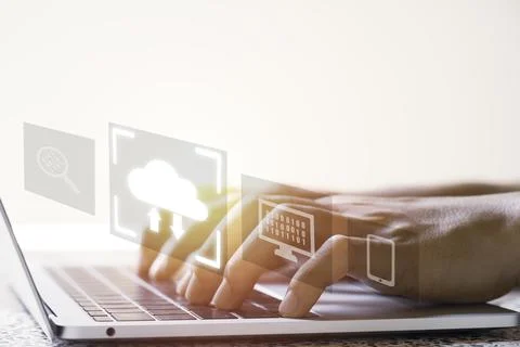 Virtual Cloud and technology icons , Businessman using laptop computer Stock Photos