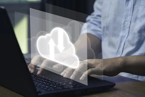 Virtual Cloud and technology icons , Businessman using laptop computer Stock Photos