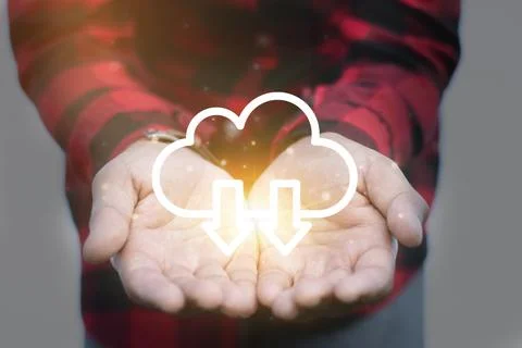 Virtual cloud in hand Cloud computing technology for downloading data busin.. Stock Photos