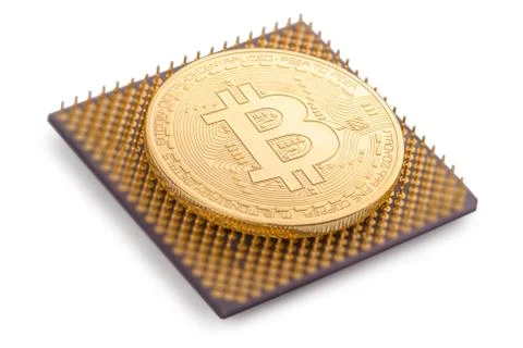 Virtual coin bitcoin lie on microchip isolated on white background, mining co 스톡 사진