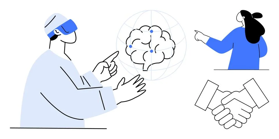 Virtual Collaboration on Brain Mapping with Handshake Agreement Symbol and .. Stock Illustration