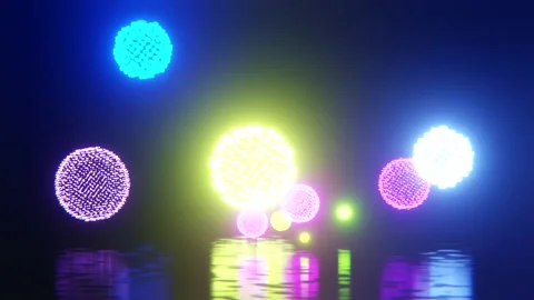 Virtual colorful fireworks with rack focus bokeh effect Video stock 168960346