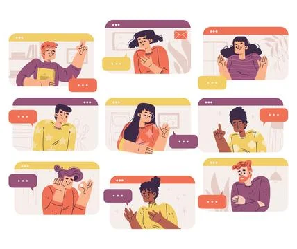 Virtual Communication with People Characters in Web Window Talking Vector Set Illustrazione stock