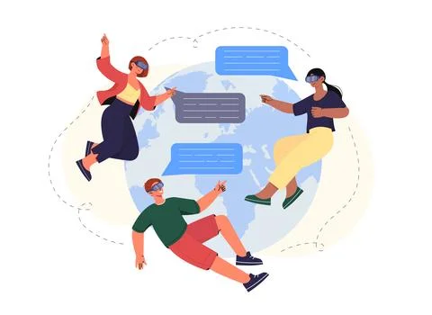 Virtual communication people. Man and women wearing VR glasses communicate on Stockillustratie