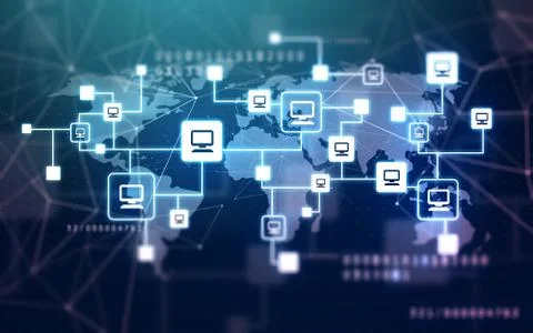 Virtual computer network and world map Illustrazione stock