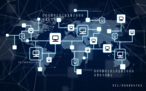 Virtual computer network and world map Illustrazione stock