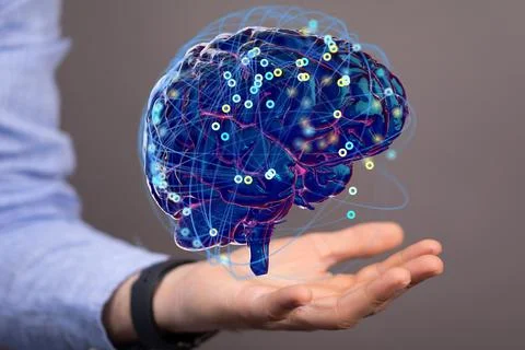 Virtual concept of artificial intelligence with a human brain on a hand Stock Photos