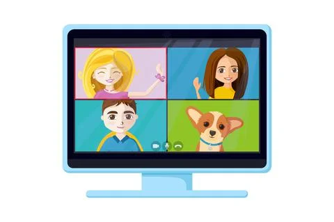Virtual conference call with people and puppy. Monitor with online zoom meet of Stock Illustration