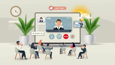 Virtual Conference Interface Animation with Speakers and Live Chat Stock Footage 293200170