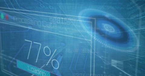 Virtual control interface displaying rotating UI dial and 71% progress bar, copy 스톡 사진