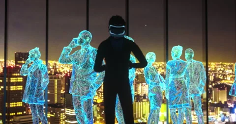Virtual Convergence: Business Executives in VR Glasses Conduct Digital Meet.. Stock Footage 277726851