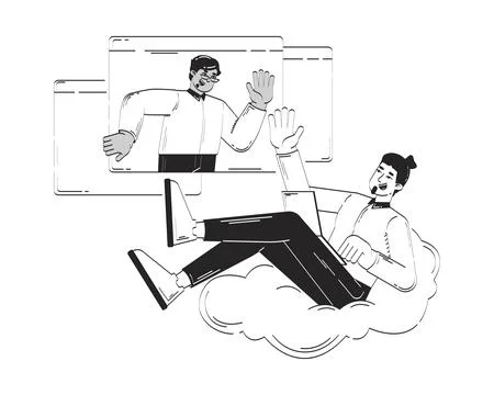 Virtual conversation with relaxed teleworker doodle line illustration concept Illustrazione stock