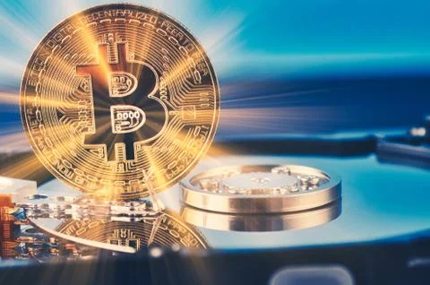 Virtual Cryptocurrency and Blockchain Technology concept, golden bitcoin on d Stock Photos