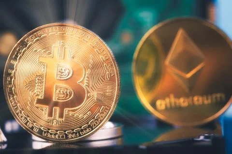 Virtual Cryptocurrency and Blockchain Technology concept, golden bitcoin on d Stock Photos