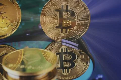 Virtual Cryptocurrency and Blockchain Technology concept, golden bitcoin on d Stock Photos