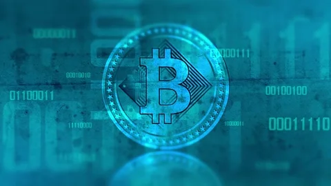 Virtual cryptocurrency Bitcoin sign in digital cyberspace Stock Footage 81000296